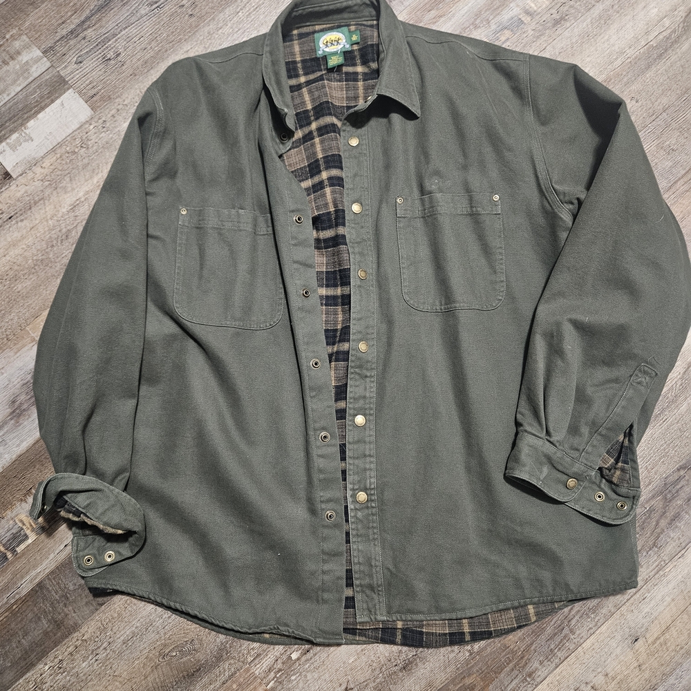Cabela's Olive Shirt Jacket with Plaid Lining